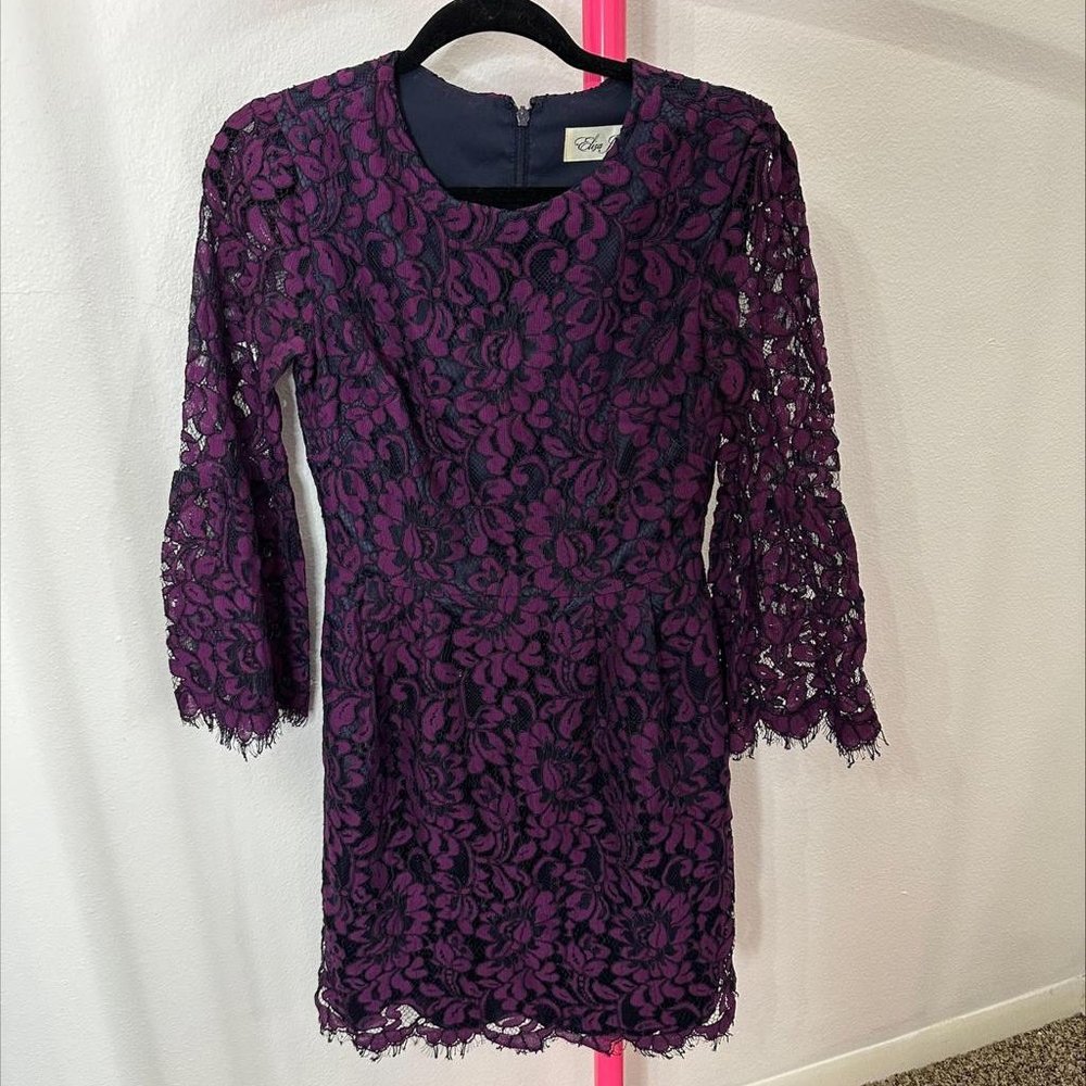 ELIZA J DRESS FLARE‎ SLEEVE LACE OVERLAY LINED RUFFLE EDGE SIZE 4